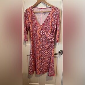 Prana Nadia Veeda Faux Wrap Vibrant Pink and Orange Long 3/4 Sleeve Dress L